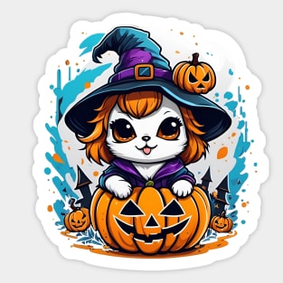 A cat in a witches hat sitting on top of a pumpkin Sticker